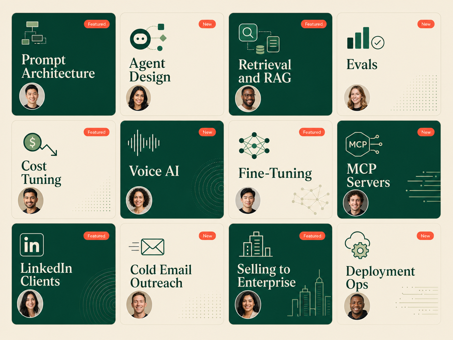Guest expert masterclasses: Prompt Architecture, Agent Design, Retrieval & RAG, Evals, Cost Tuning, Voice AI, Fine-Tuning, MCP Servers, LinkedIn Clients, Cold Email Outreach